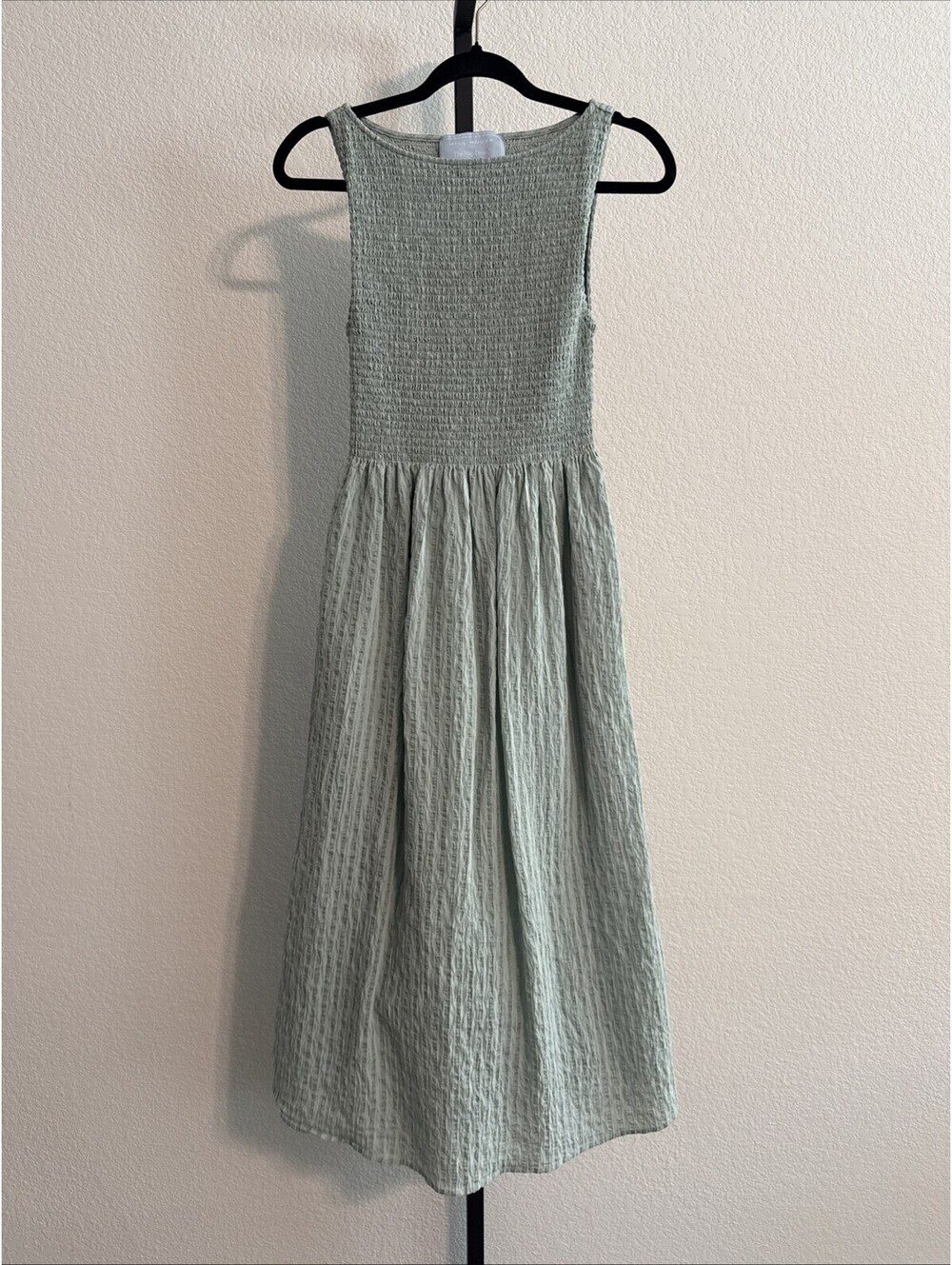 Smocked Midi Dress in Light Sage Green